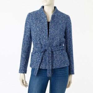 NWT Banana Republic Blue Tweed Wool Blend Tie Belt Jacket Sz 14